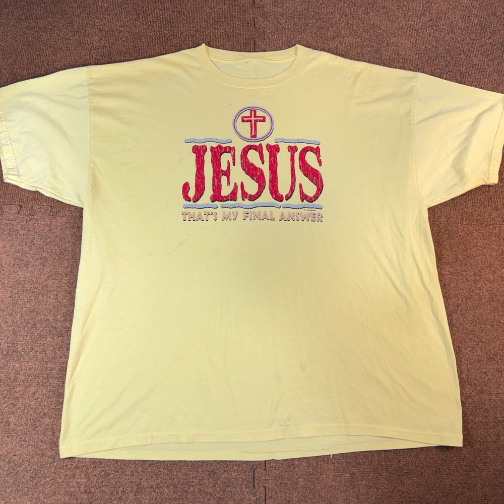 Vintage Jesus Final Answer Graphic T-Shirt Mens Yellow Y2K Christian XL 3064
